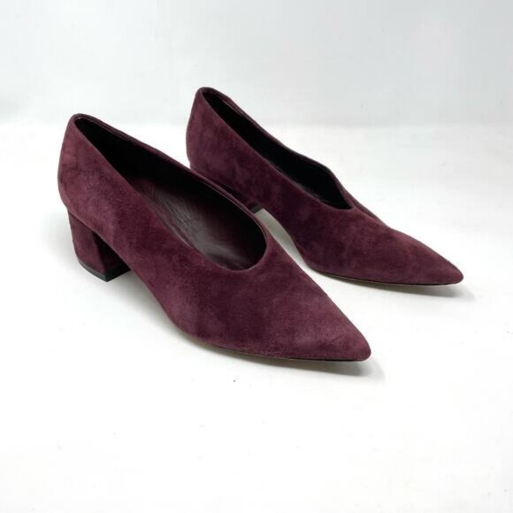Vince Rafe Burgundy Wine Suede Leather Pointed Toe Classic Flare Heel Pumps 6 - Picture 2 of 14